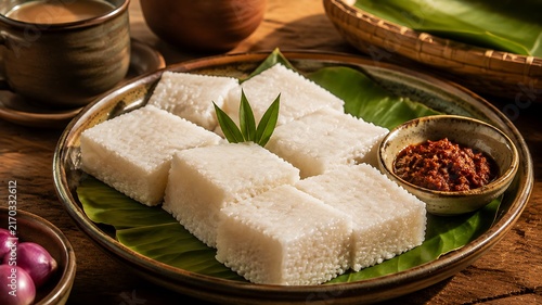 Authentic Sri Lankan kiribath coconut milk rice with lunu miris sambol served on banana leaf in rustic village style for traditional cuisine marketing