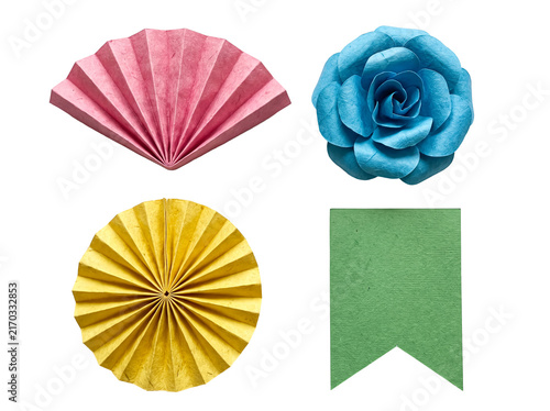 Colorful paper crafts: pink pleated fan, blue paper rose, yellow circular fan, and a green flag banner, isolated.