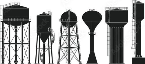 gBlack Silhouette Collection of Elevated Water Storage Tanks and Industrial Water TowersBlack Silhouette Collection of Elevated Water Storage Tanks and Industrial Water Towers