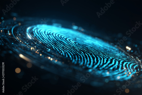 Digital fingerprint biometric security system with glowing blue light