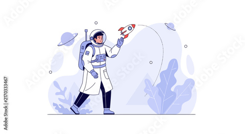 Astronaut holding a toy rocket launching into space with planets and stylized foliage in a modern flat vector illustration style.