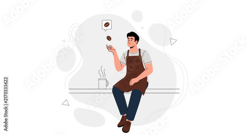 Barista Juggling Coffee Beans with Thought Bubble and Steaming Mug in Modern Flat Design