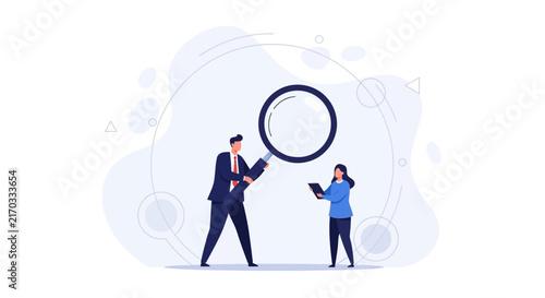Business Analysis: Team collaboration with magnifying glass and tablet, searching for data, trends, and solutions in abstract background