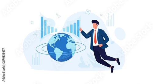 Business analyst using digital interface to analyze global financial data and market trends with charts and Earth.