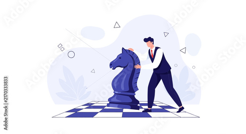 Business Strategy Man Moving Knight Chess Piece on Board - Conceptual Illustration