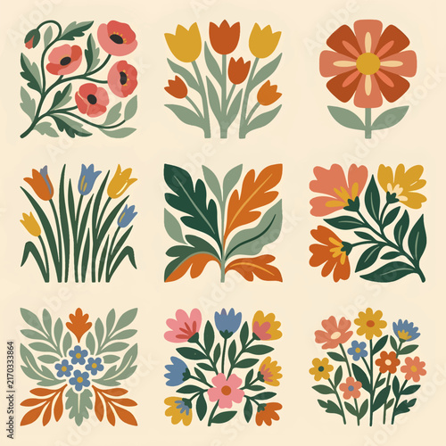 Minimalist Floral Illustration Set With Botanical Elements And Folk Art Inspired Icons