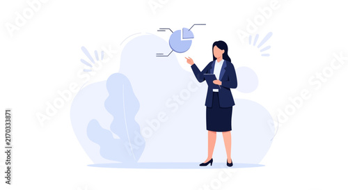 Business Woman Presenting Pie Chart Data in Modern Flat Illustration Style