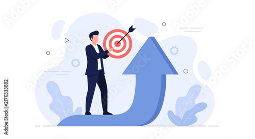 Businessman Achieves Success Standing on Upward Arrow Holding Target with Arrow Hit - Business Growth Concept