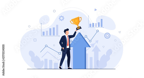 Businessman Holding Trophy Above Upward Arrow Symbolizing Success, Growth, and Achievement in Business
