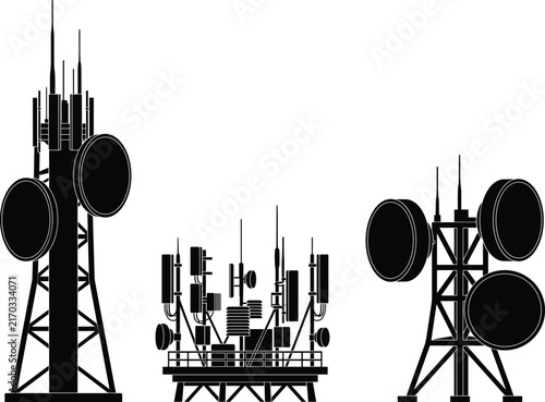 Black Silhouette of Microwave Communication Towers with Parabolic Antennas and Radio EquipmentBlack Silhouette of Microwave Communication Towers with Parabolic Antennas and Radio Equipment