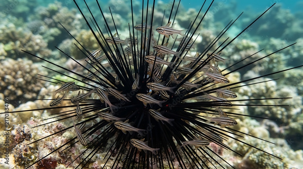 Obraz premium A large black long-spined sea urchin provides shelter and protection for a school of small fish swimming among its sharp venomous needles in the deep blue ocean