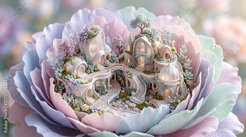 Surreal Miniature Architectural World Inside Giant Pastel Flower | Dreamy Porcelain and Frosted Glass Buildings