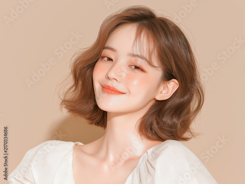 Fototapeta 美容, 女性, 若い女性, スキンケア, 化粧品, ビューティー, 美肌, ポートレート, クローズアップ, メイク, ナチュラルメイク, ツヤ肌, 透明感, モデル, アジア人, 美容広告, コスメ広告, 美容液, 保湿, フェイスケア, 肌ケア, リップメイク, アイメイク, チーク, ブラウンヘア, ロングヘア, ウェーブヘア, ヘアケア, ヘアスタイル, 美容室, ヘアサロン, ファッショ
