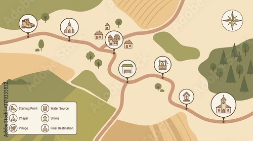 A charming illustrated map depicting a scenic hiking trail through rolling hills and quaint villages, marked with various points of interest.