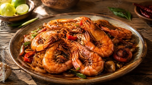 Authentic Sri Lankan spicy devilled prawns with glossy chili sauce, fresh seafood, vegetables and traditional coastal cuisine served on rustic ceramic plate