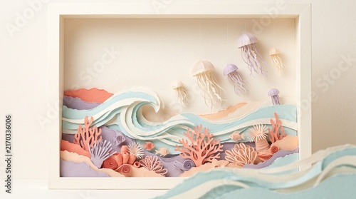 Handcrafted Paper Art Ocean Ecosystem with Layered Waves, Coral and Sculptural Jellyfish | Premium Editorial Craft