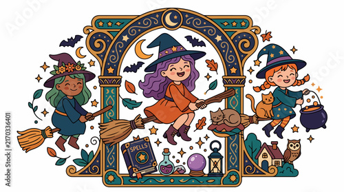 Whimsical Witches Flying on Broomsticks at Night