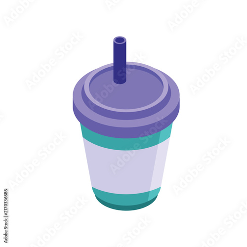 Disposable drink cup with straw isometric design featuring teal and purple colors for fast food takeaway beverage service marketing usage.