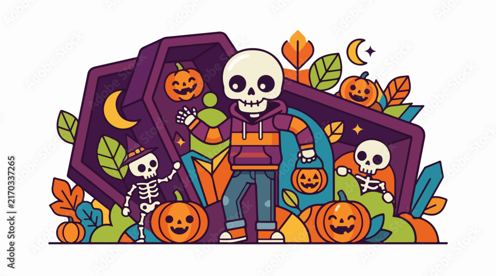 Naklejka premium Halloween skeleton characters with pumpkins and coffin