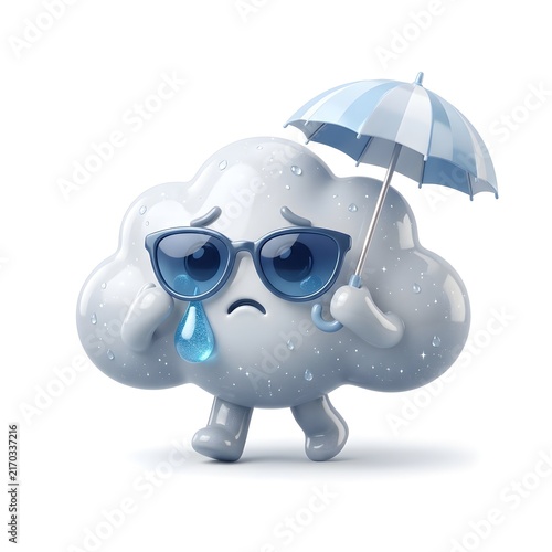 Sad Cartoon Cloud with Umbrella and Sunglasses on White Background