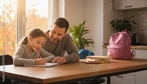 Father helping daughter with homework at home, family education moment with child writing at table, warm cozy interior, parent support and learning concept in bright kitchen environment.