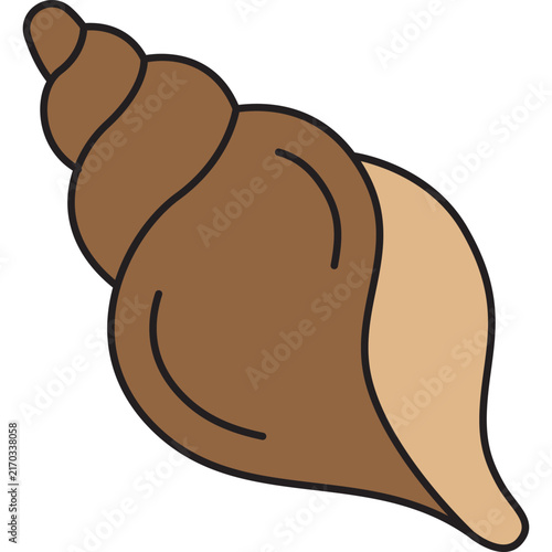 A simple and clean vector illustration of a brown spiral conch seashell with a beige opening, isolated on a black background.