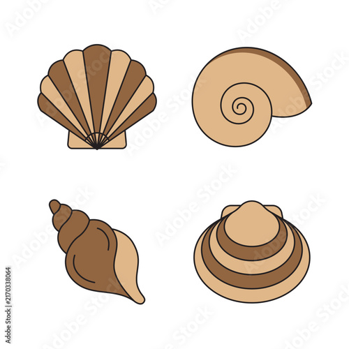 A collection of four minimalist seashell vector icons in shades of brown and beige, featuring a scallop, spiral snail shell, conch, and clam, isolated on a black background.