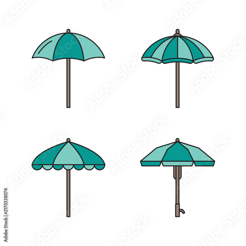 A collection of four different styles of teal and turquoise beach umbrella icons with brown poles, isolated on a black background, perfect for summer and vacation designs.