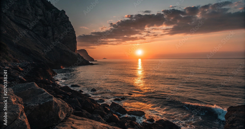 Fototapeta premium Majestic coastal cliff landscape with glowing golden sun reflecting over ocean waves at dusk. Scenic rocky shore seascape at golden hour sunset featuring sun rays pathway on water