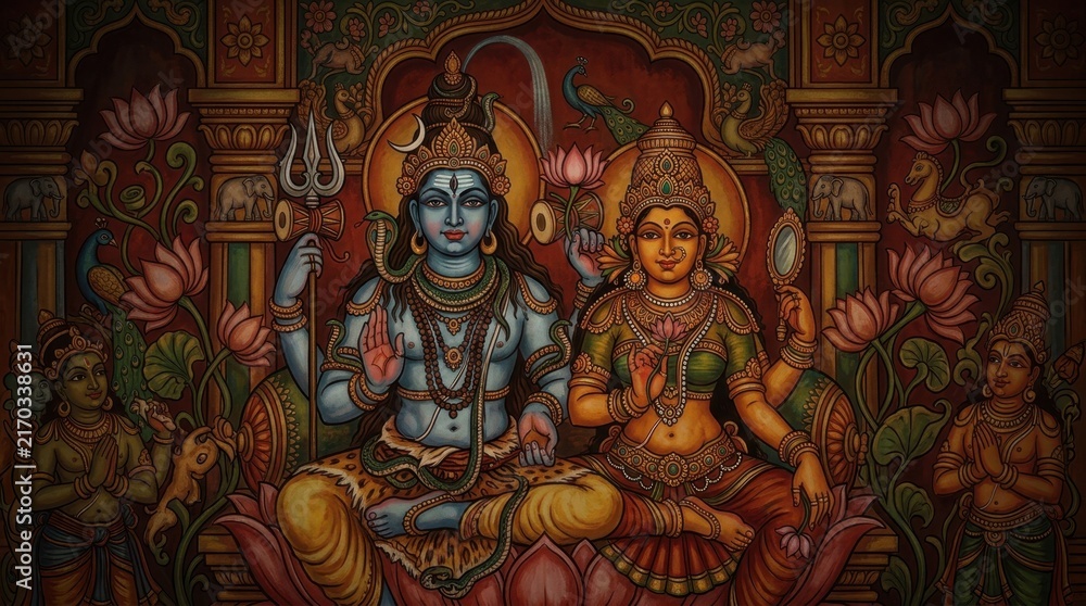 Fototapeta premium Hindu mythology painting featuring deities sitting together on a lotus flower