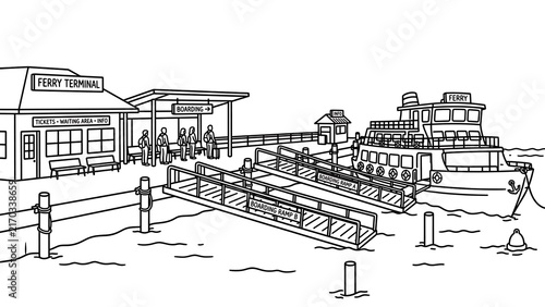 Ferry terminal and boat illustration white background.