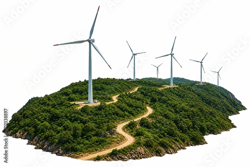 Wind turbine farm on a green hill isolated on white background