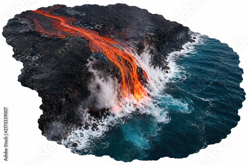 Molten lava flowing from dark volcanic rock into the blue ocean water