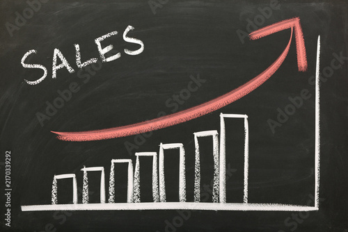 A rising sales graph drawn in white and red chalk on a blackboard. This graphic illustrates business growth and increasing profit for financial reports.