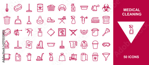Foto Collection of medical cleaning and hygiene line icons for sanitization protocols