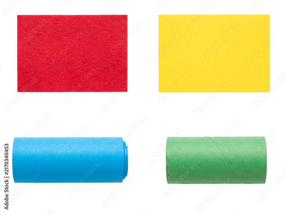Obraz premium Vibrant crafting essentials: red felt, yellow foam, blue paper roll, green cardboard tube.