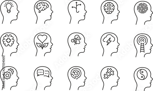 Mind and brain head icon set with psychology, thinking, mental health, idea, memory symbols in black thin line outline style for app and web UI design