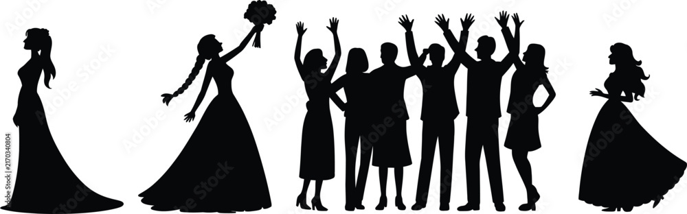 Fototapeta premium Silhouettes of diverse people in business attire, standing in line suits