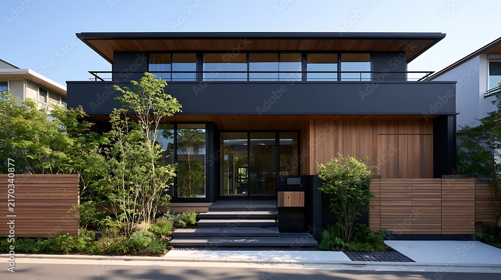 Fototapeta premium Modern House Surrounded by Greenery / 植栽に囲まれたモダンな住宅