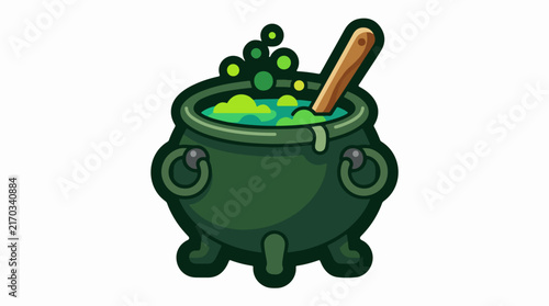 Bubbling cauldron with glowing green potion and wooden spoon
