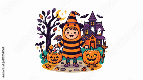 Child in Halloween Costume with Pumpkins and Haunted House
