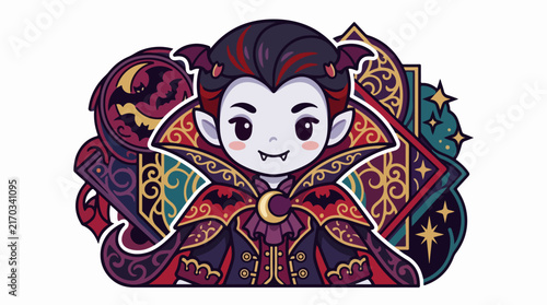 Cartoon Vampire in Ornate Cape and Moon Brooch