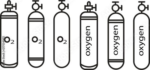 Oxygen tank icon set with O2 gas cylinder, medical canister, valve symbols in black thin line outline style for hospital, clinic and healthcare design
