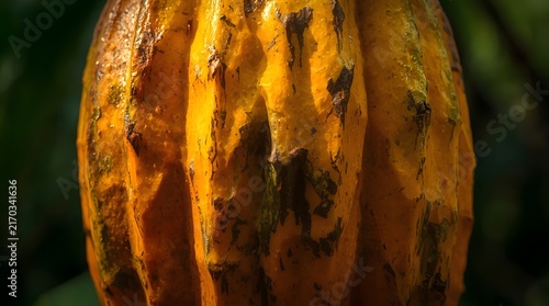 Extreme Macro Detail of a Ripe Cacao Pod Surface with Deep Natural Ridges and Vibrant Orange Textures