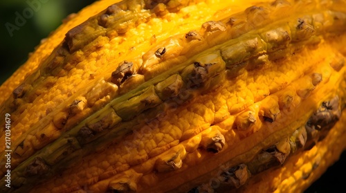 Cinematic macro of whole cacao pod exterior surface with deep ridges and textured yellow skin in golden light
