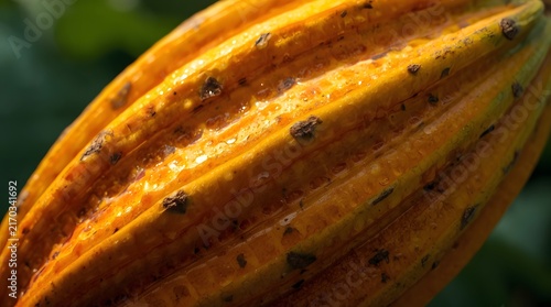 Macro close up of a ripe yellow cacao pod with detailed texture and organic ridges in a tropical plantation