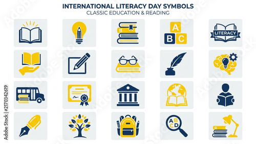 International Literacy Day Vector Icon Sheet, Two Color Silhouette Set of Books, Lightbulbs, Pencils on White