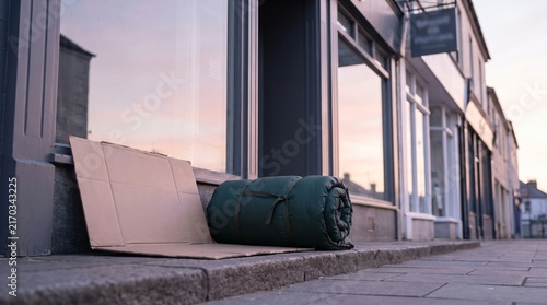 Empty Sleeping Bag in a Shop Doorway as a Rough Sleeping Metaphor