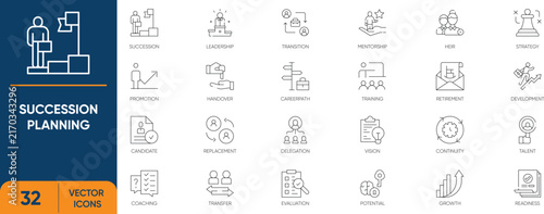 Succession Planning Icon Set. Containing Leadership, Skill Assessment, Mentorship, Business Continuity and more. Editable vector Line icons collection