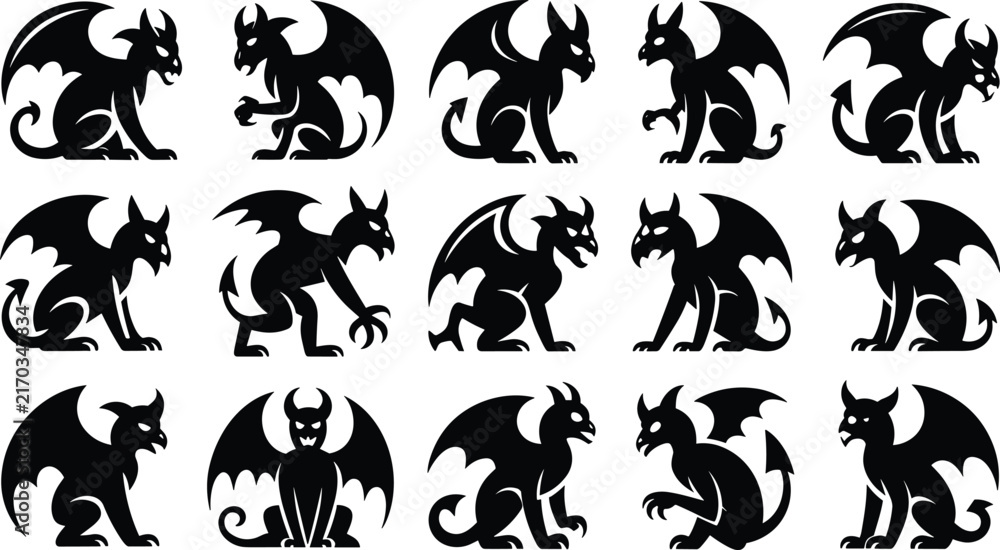 Obraz premium Fifteen black silhouette gargoyle and demon in various sitting and crouching poses for fantasy projects on a white background.